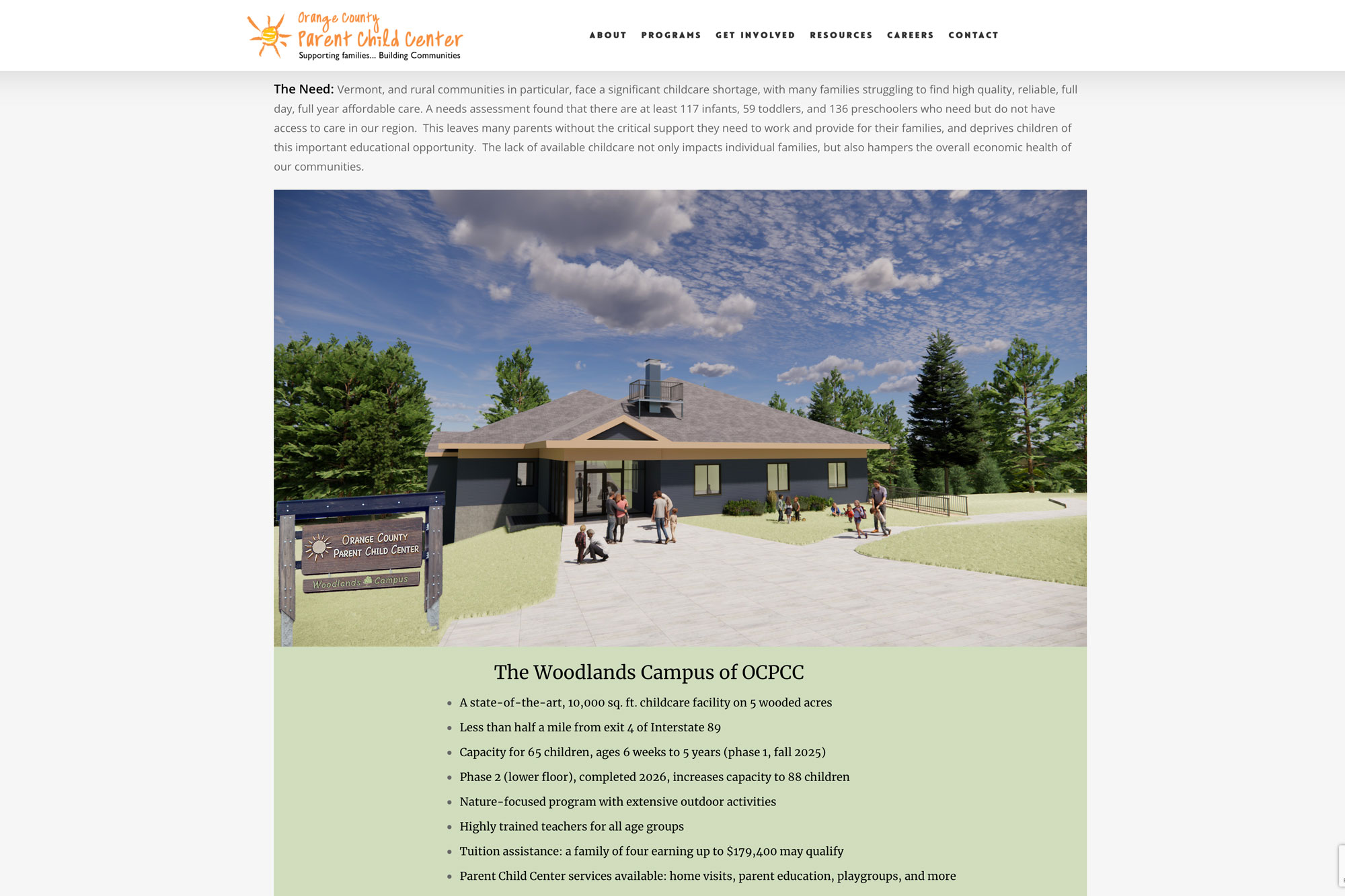 Microsite designed and written for Orange County Parent Child Center to educate the community ad potential donors about the new Woodlands Campus being built in Randolph