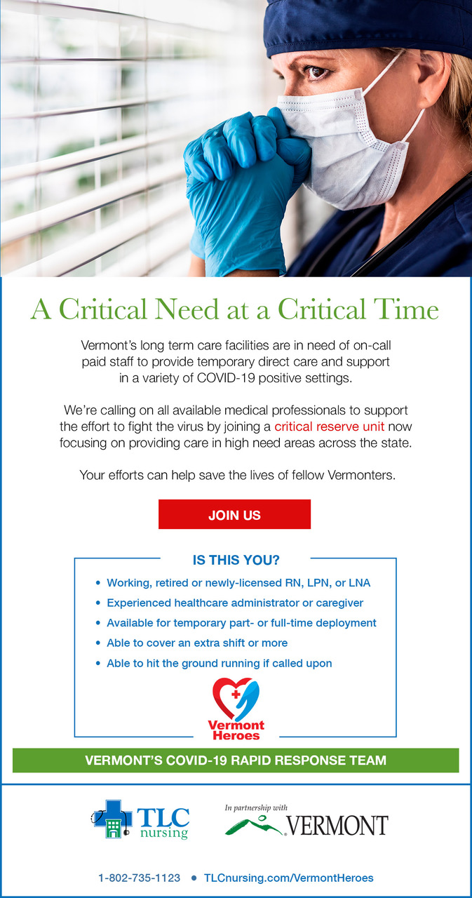 One of a three-part email outreach campaign to recruit Vermont health care staff to help during the COVID pandemic.