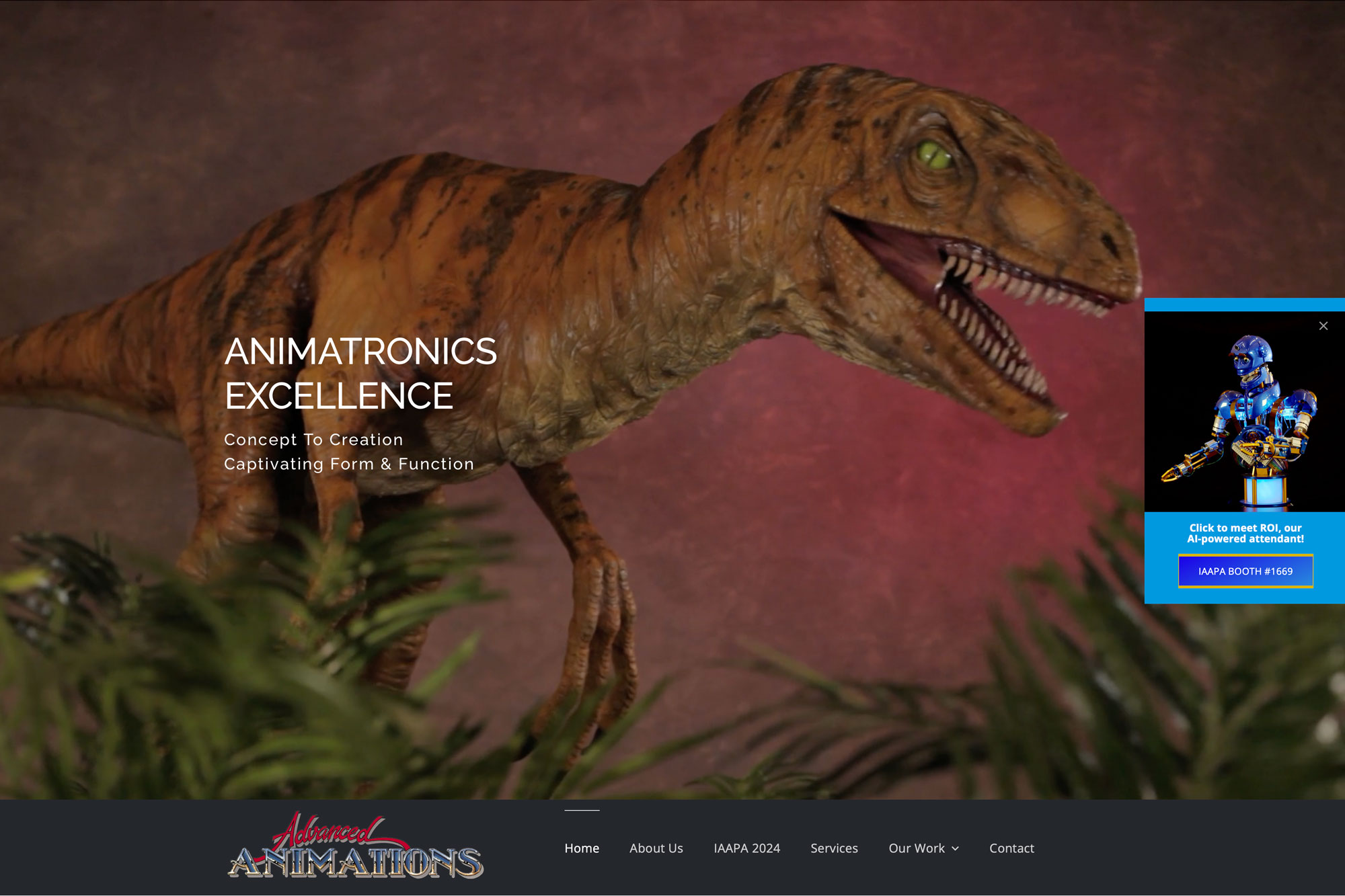 Advanced Animations home page with velociraptor and robot videos.