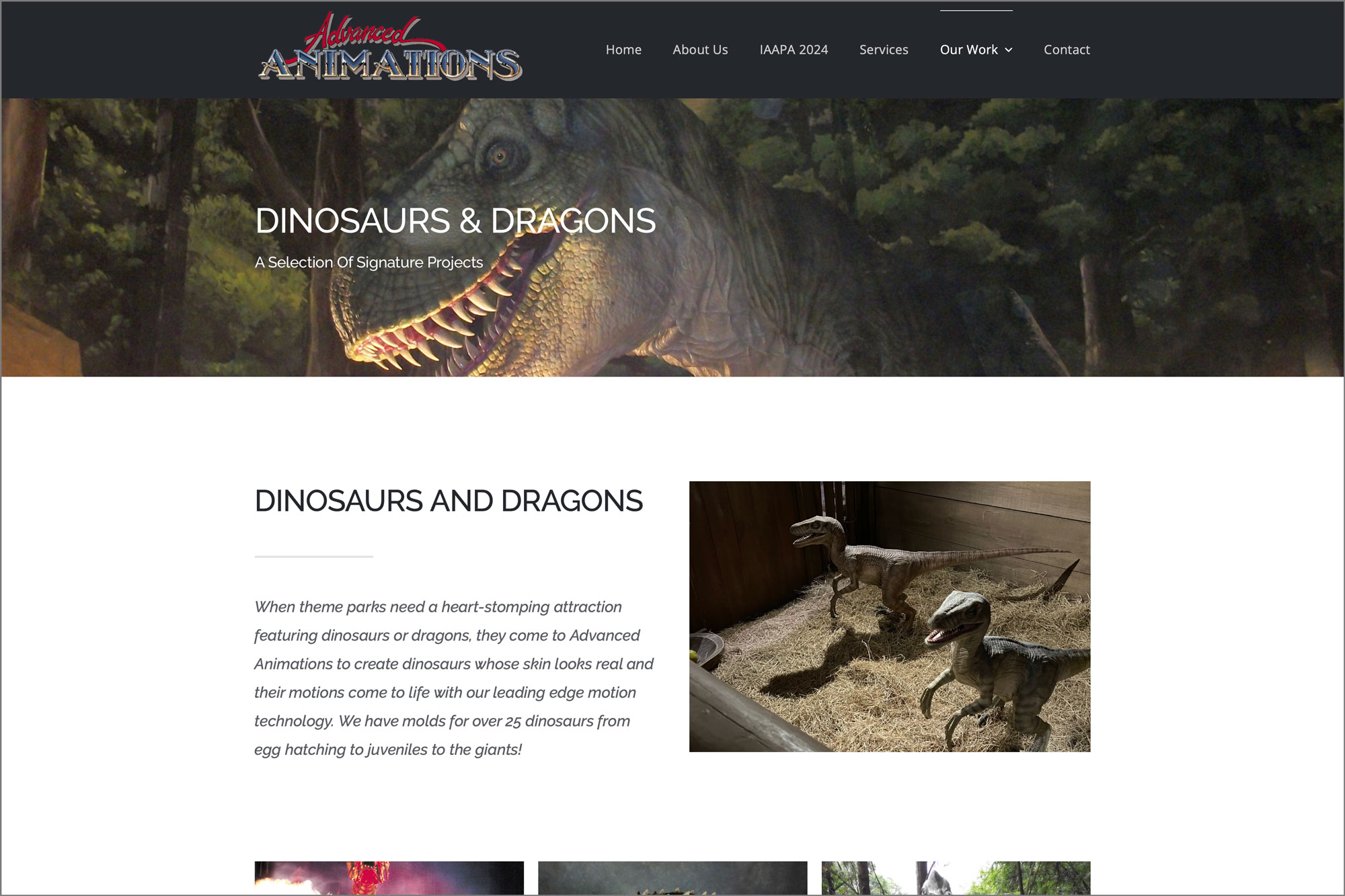 Advanced Animations home page with velociraptor film loop