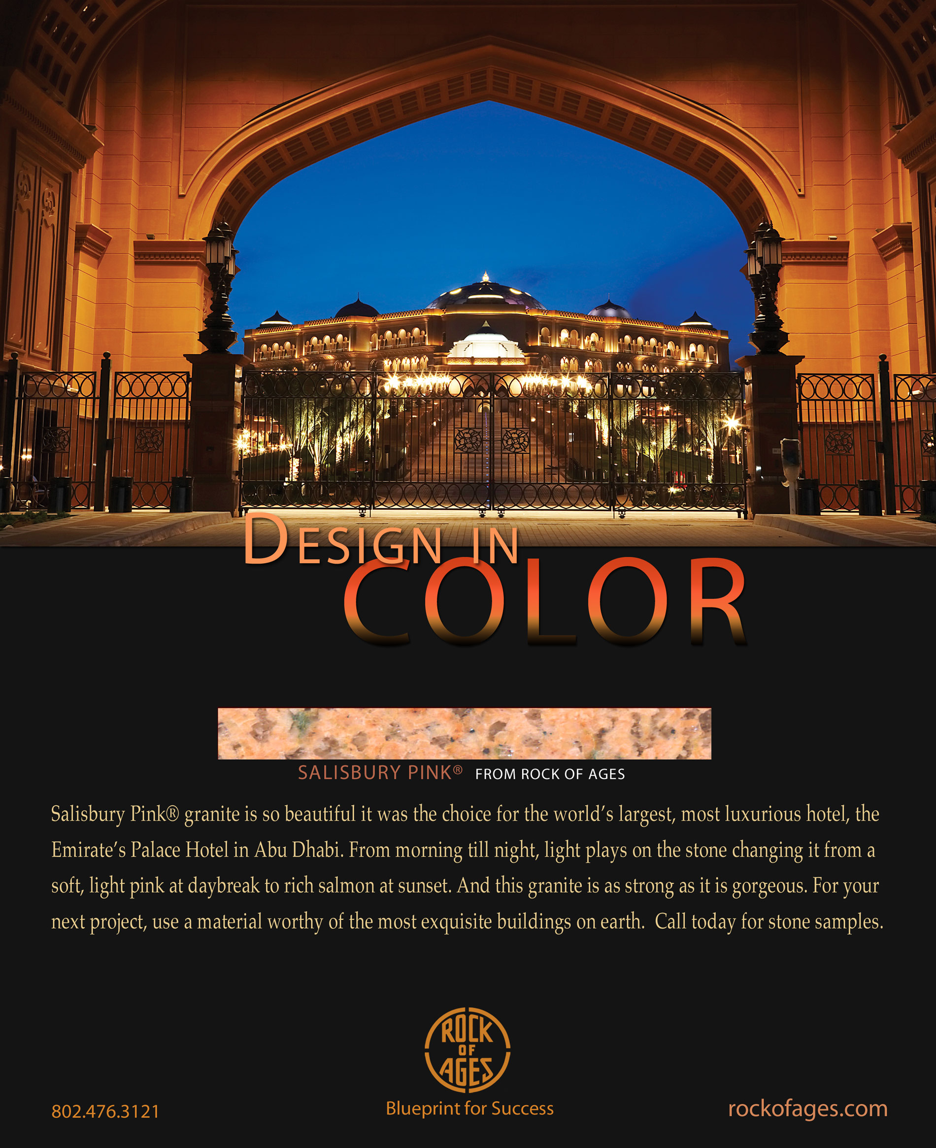 "Design in Color" ad for Rock of Ages' Salisbury pink granite